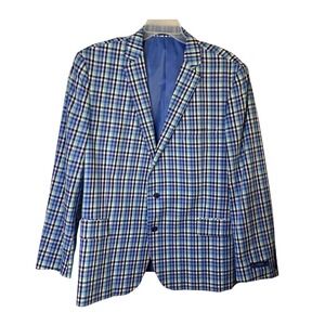 Stafford Signature Mens 50 Reg Blue White Plaid Cotton Sport Coat Blazer New